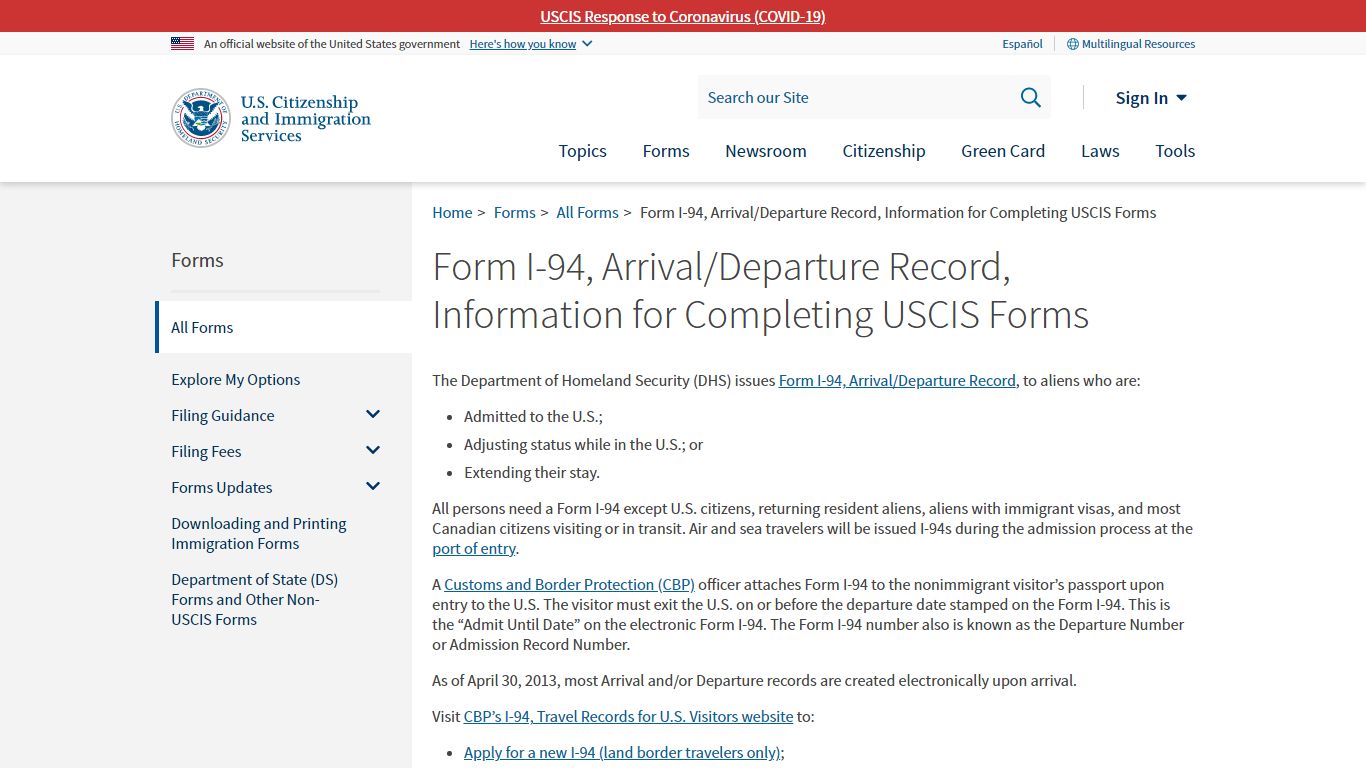 Form I-94, Arrival/Departure Record, Information for Completing ... - USCIS