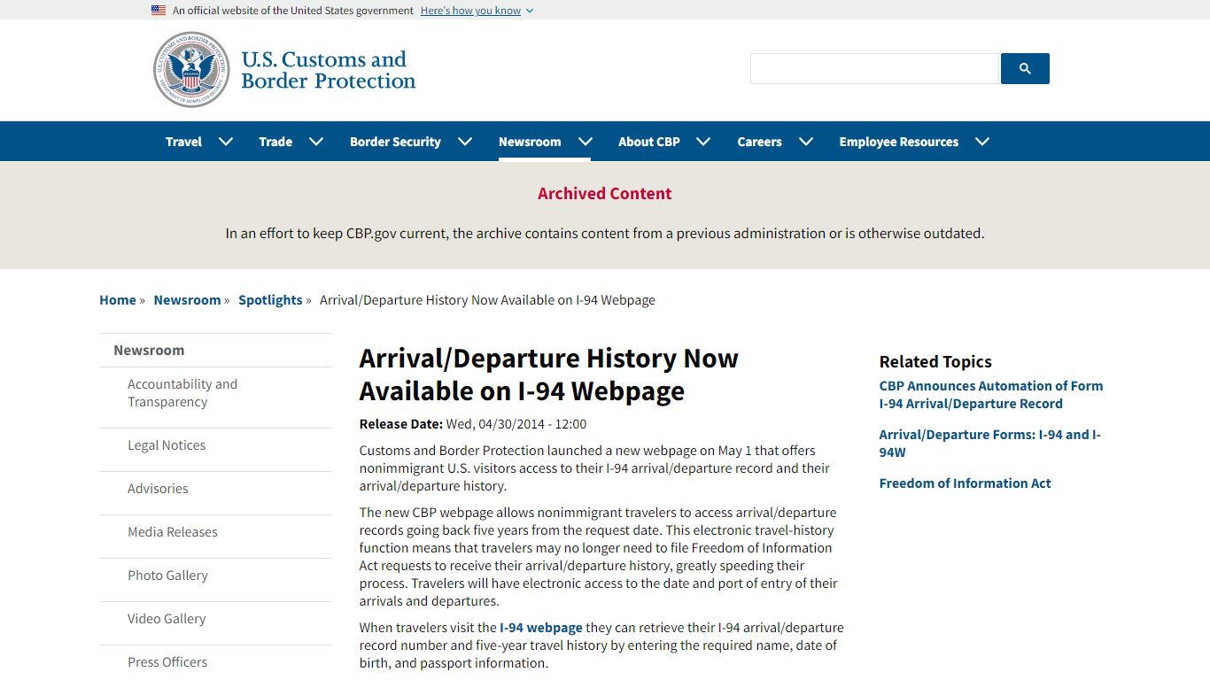 Arrival/Departure History Now Available on I-94 Webpage